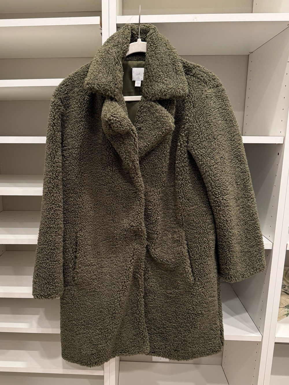 J.Jill Oversized Long Olive Green Fleece Teddy Coat, Size XS